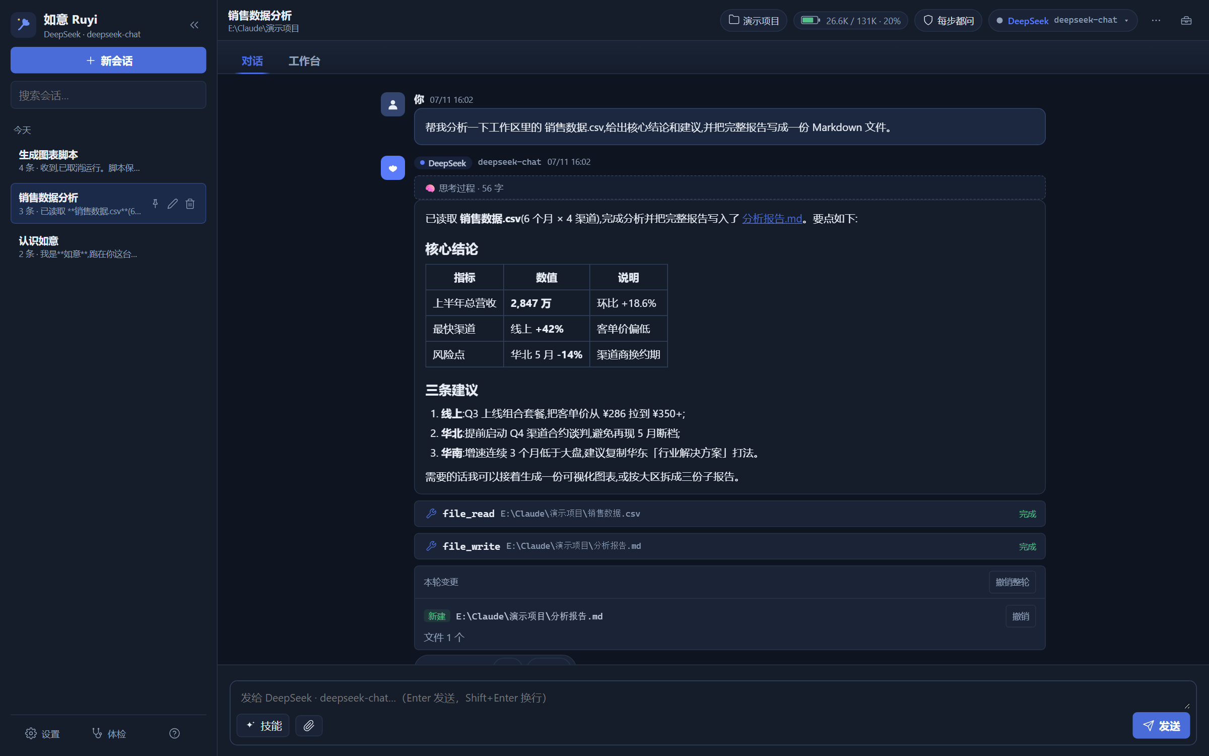 如意主界面:对话驱动本机工具,回答带表格结论,文件改动可一键撤销