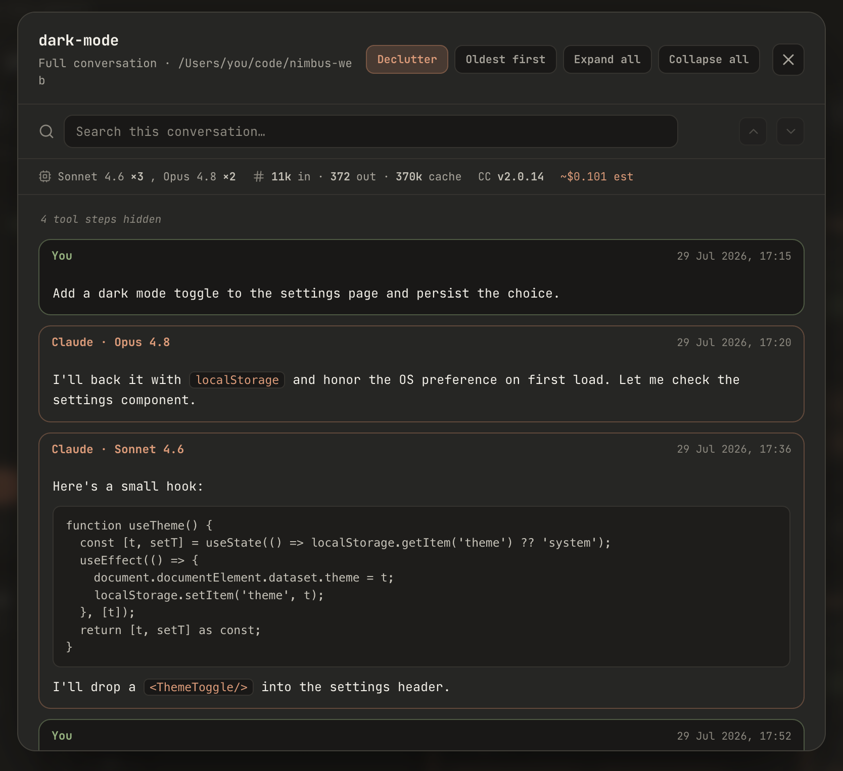 Conversation transcript with declutter on — you in green, Claude in terracotta, tool steps hidden