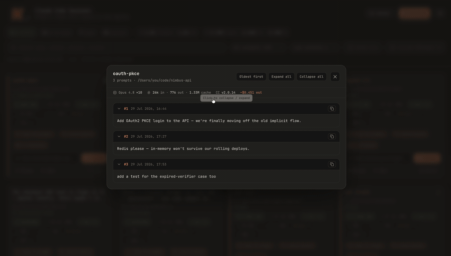 Claude Code Sessions — browsing sessions, the conversation view with declutter, and the artifacts view