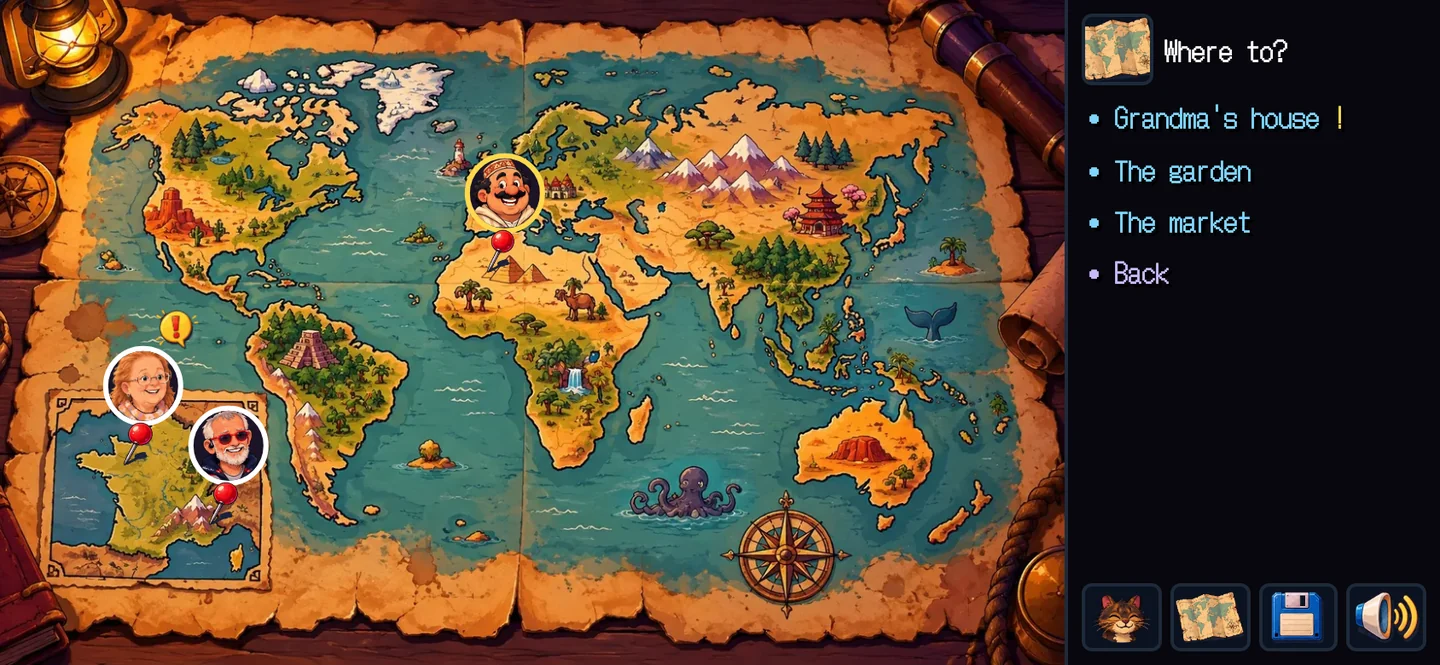 The world map with characters pinned on it