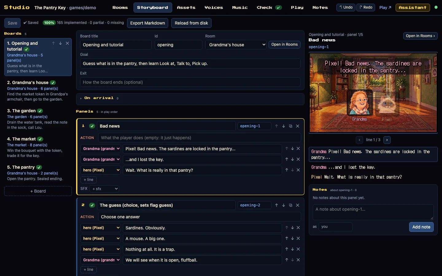 Studio, Storyboard tab: boards and panels, 100% implemented