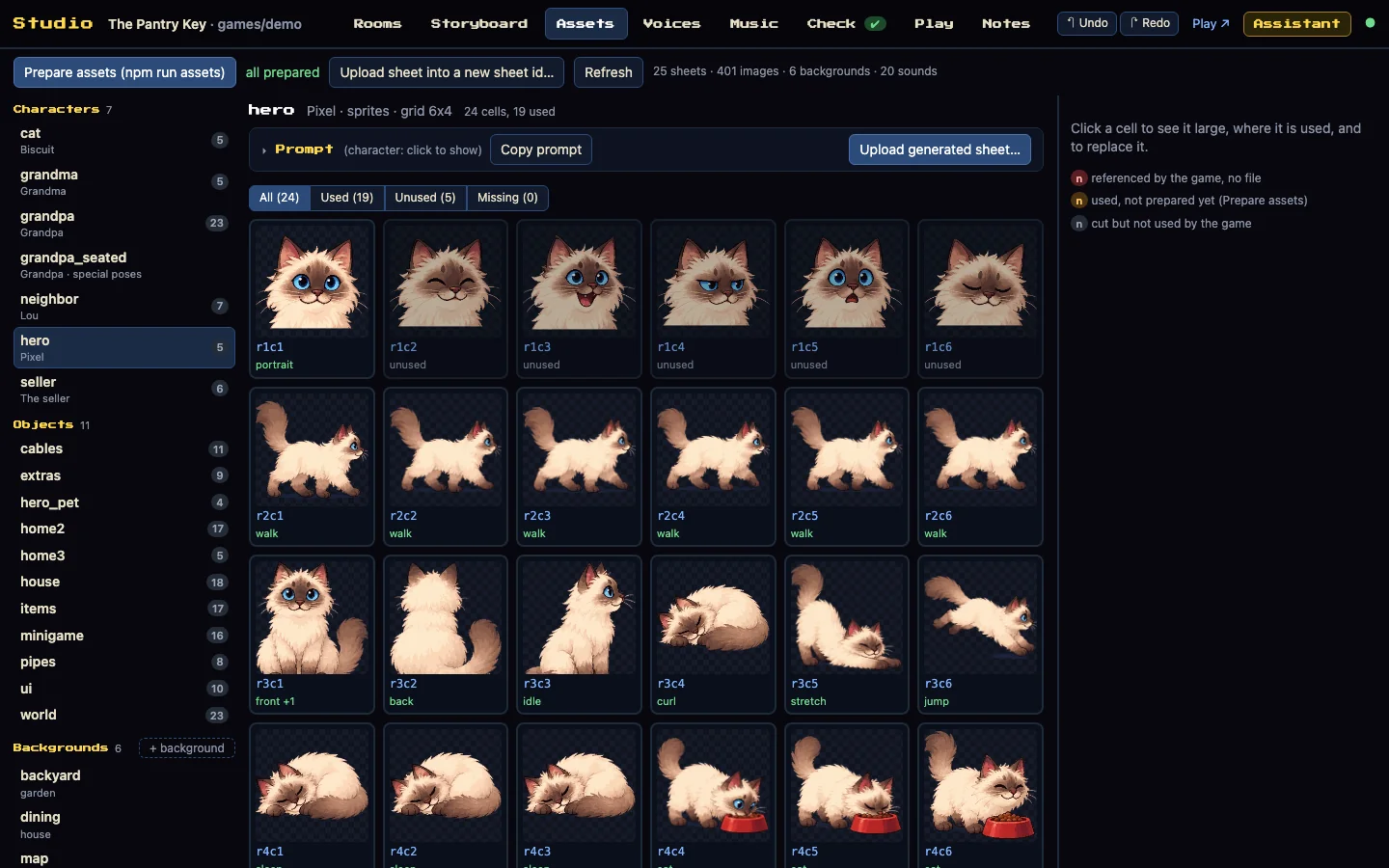 Studio, Assets tab: Pixel's sprite sheet, cell by cell, with where each cell is used