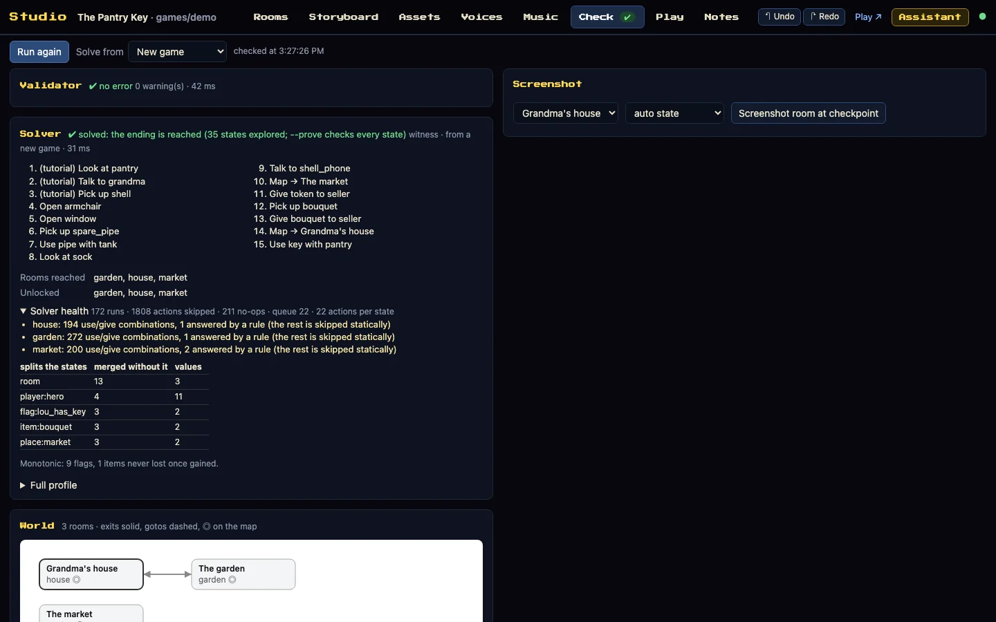 Studio, Check tab: validator, solver path and solver health