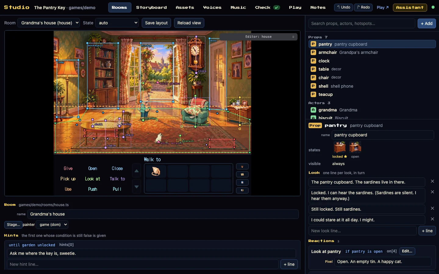 Studio, Rooms tab: the pantry selected, its look lines and reactions editable