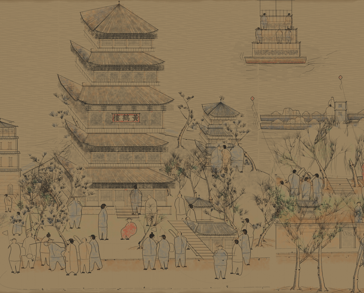 Yellow Crane Tower: layered eaves, galleries and visitors on the steps