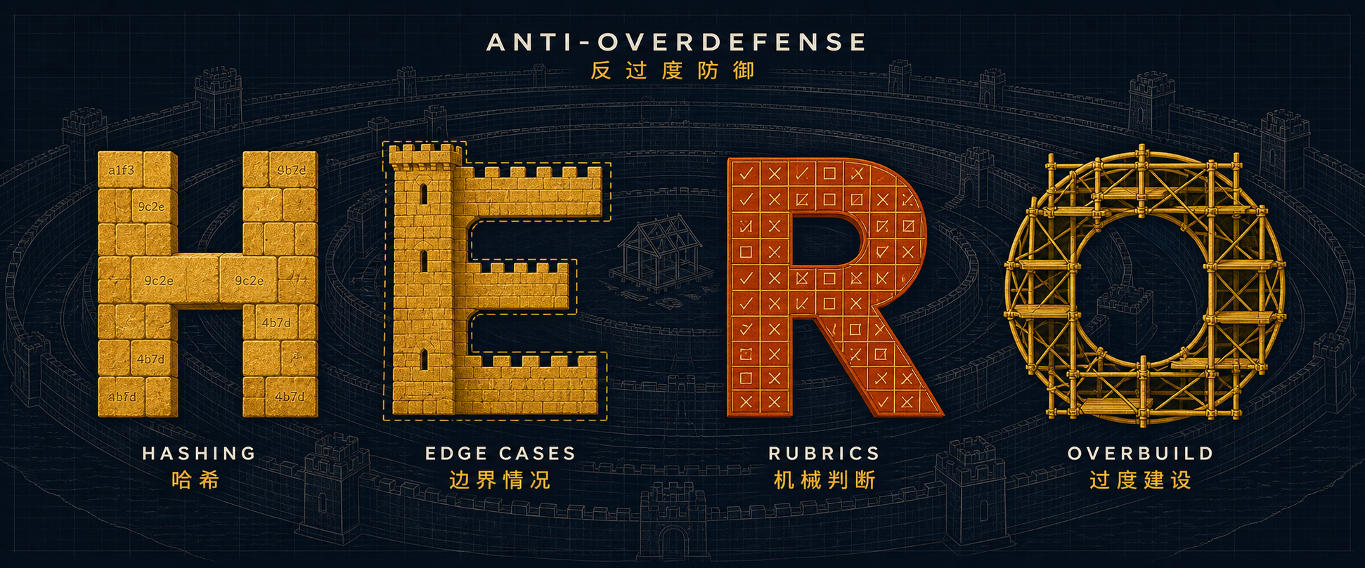 ANTI-OVERDEFENSE — the four letters HERO built from what they name, each captioned in English and Chinese: H in hash-engraved stone (HASHING 哈希), E as a fortified battlemented wall (EDGE CASES 边界情况), R as a grid of ticks and crosses (RUBRICS 机械判断), O as construction scaffolding (OVERBUILD 过度建设). Behind them, a tiny unfinished house ringed by an enormous, immaculately finished fortress.