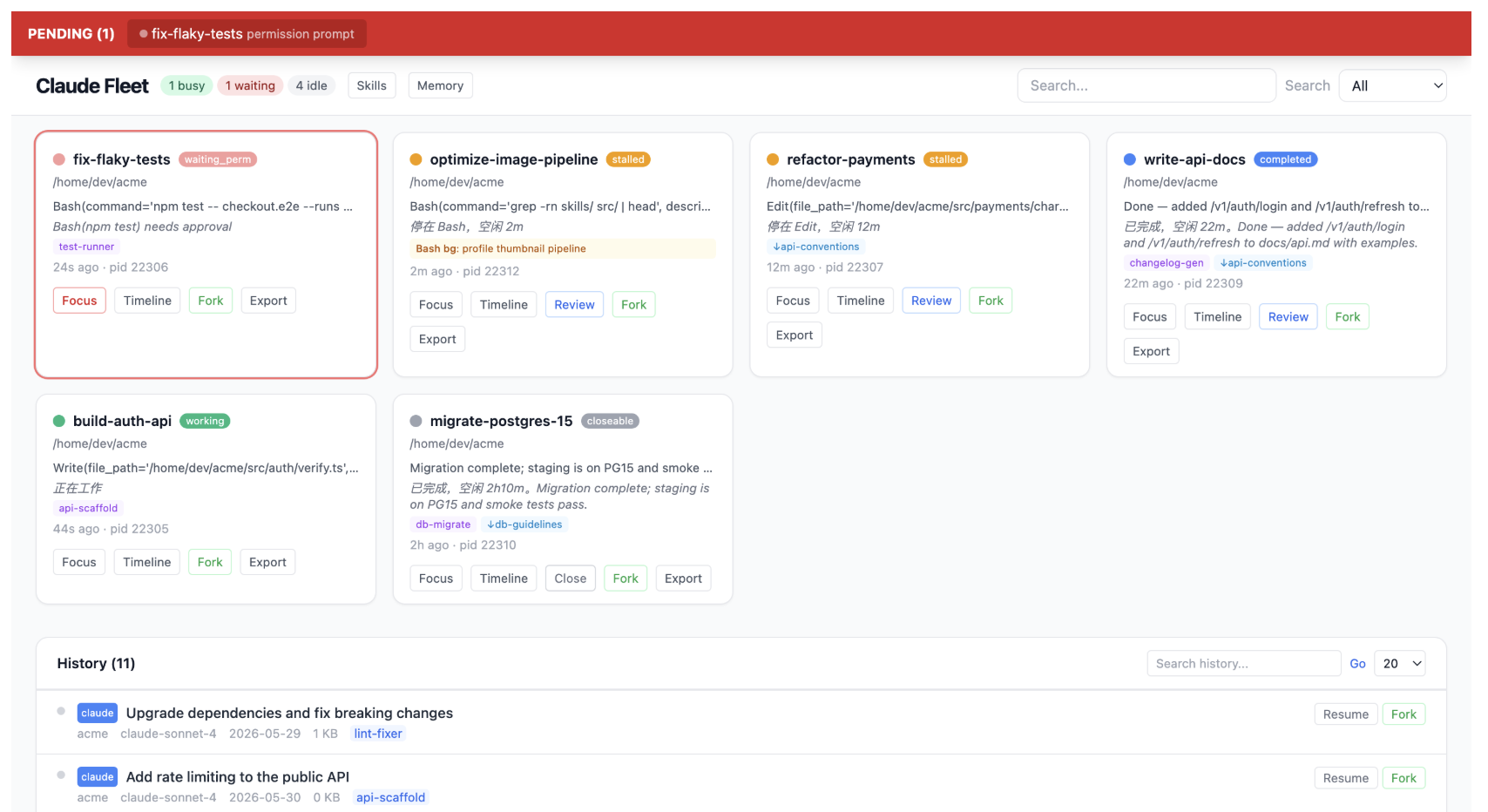 Claude Fleet — full local web dashboard for many concurrent Claude Code / Codex windows (triage, Focus, full-text search, skill/memory analytics)