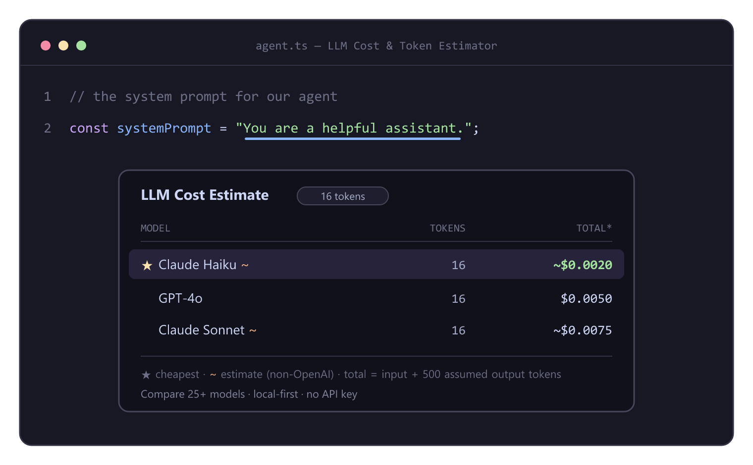 LLM Cost & Token Estimator — hover a prompt to compare token count and cost across GPT-4o, Claude, and Gemini
