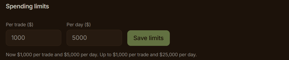 Spending limits: per-trade and per-day caps