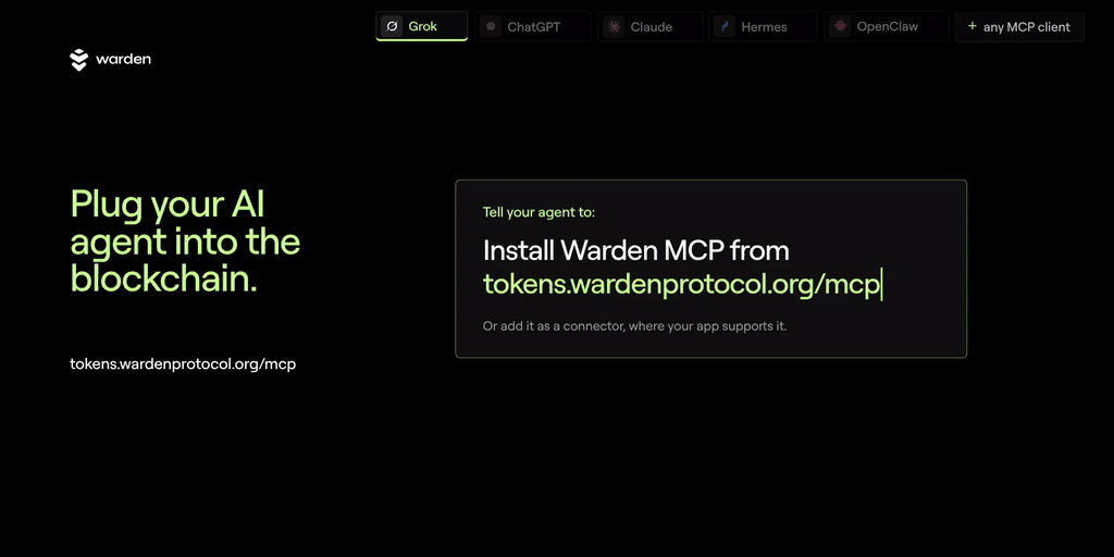 Warden MCP in Grok, ChatGPT, Claude, Hermes and OpenClaw: install, check the wallet, find trending tokens, filter, buy and set an exit