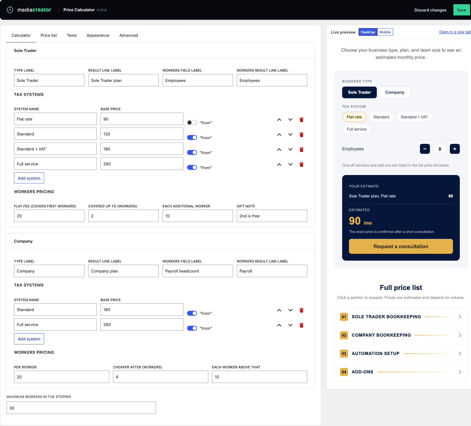 Admin settings screen with live preview