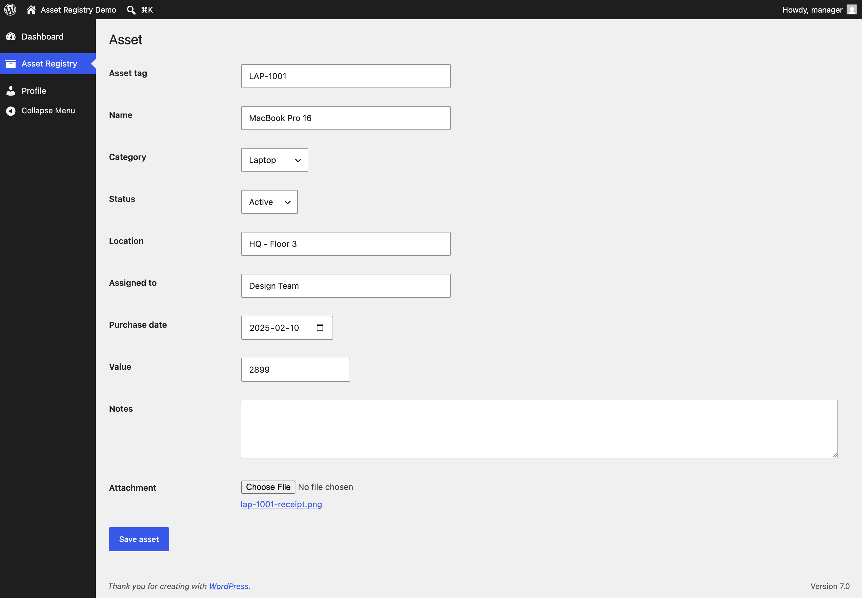 Admin add/edit form