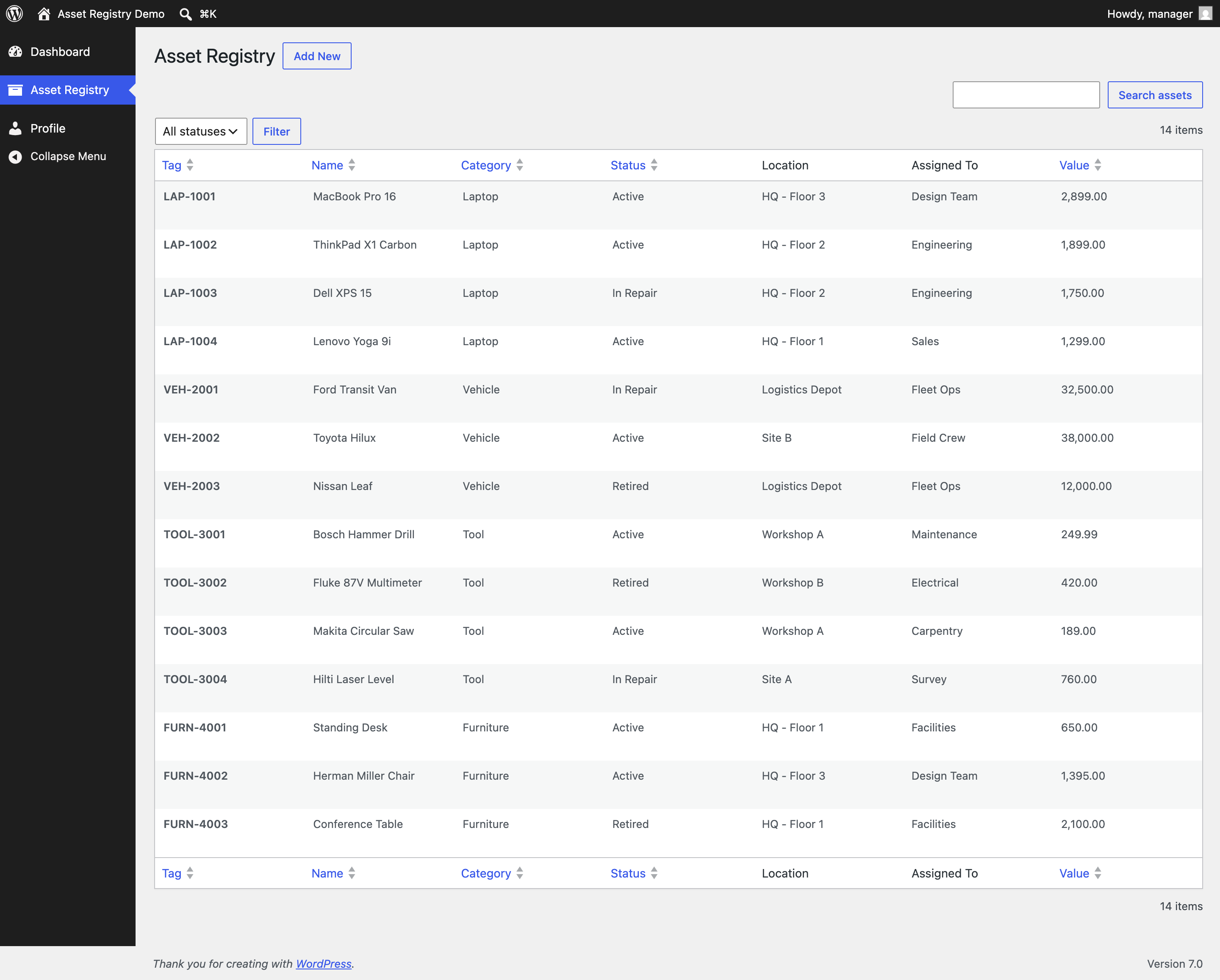 Admin asset list