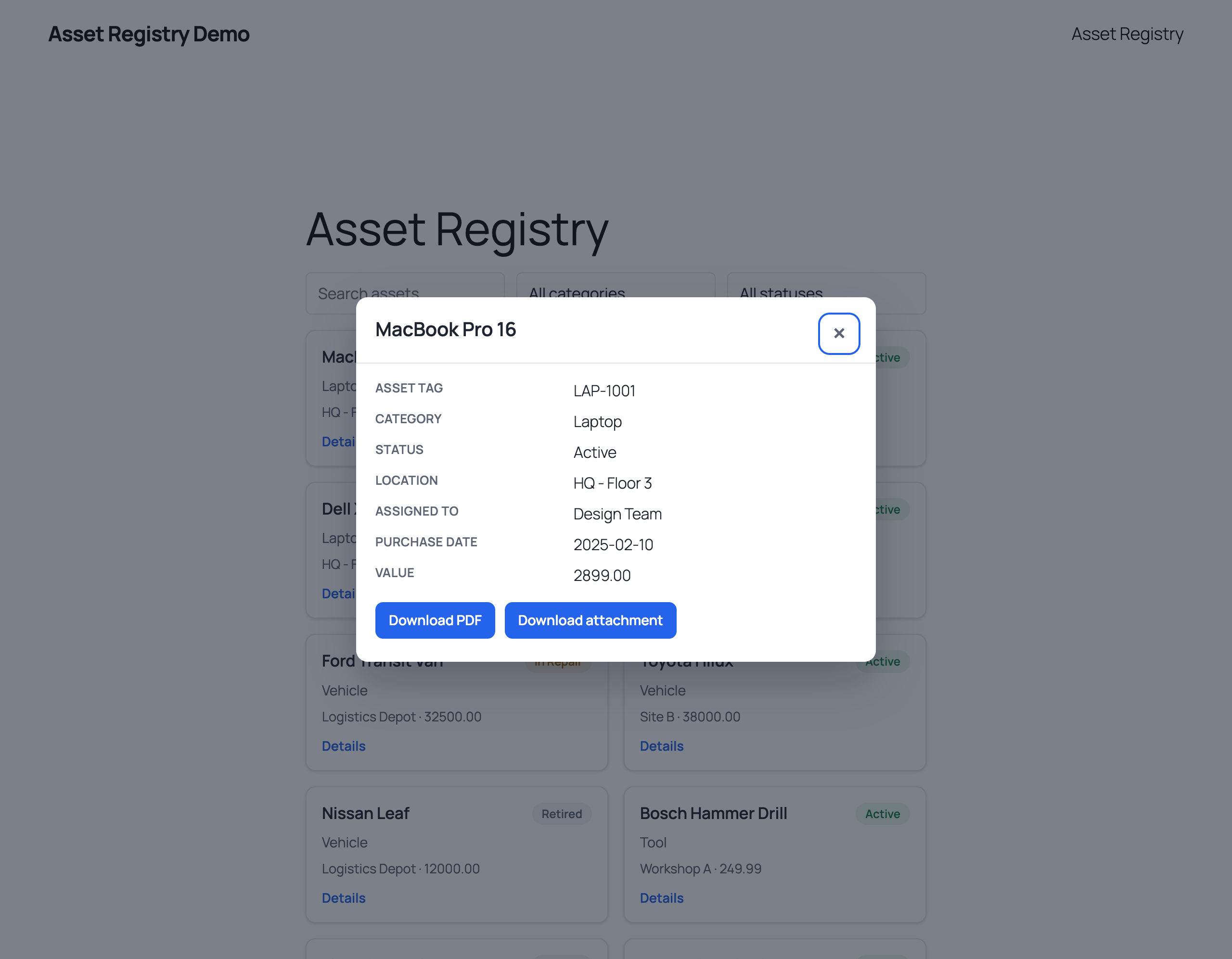 Asset detail dialog