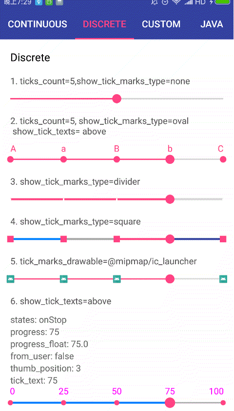 TickSeekBar This is a custom SeekBar library on Android. @codeKK Android开源站