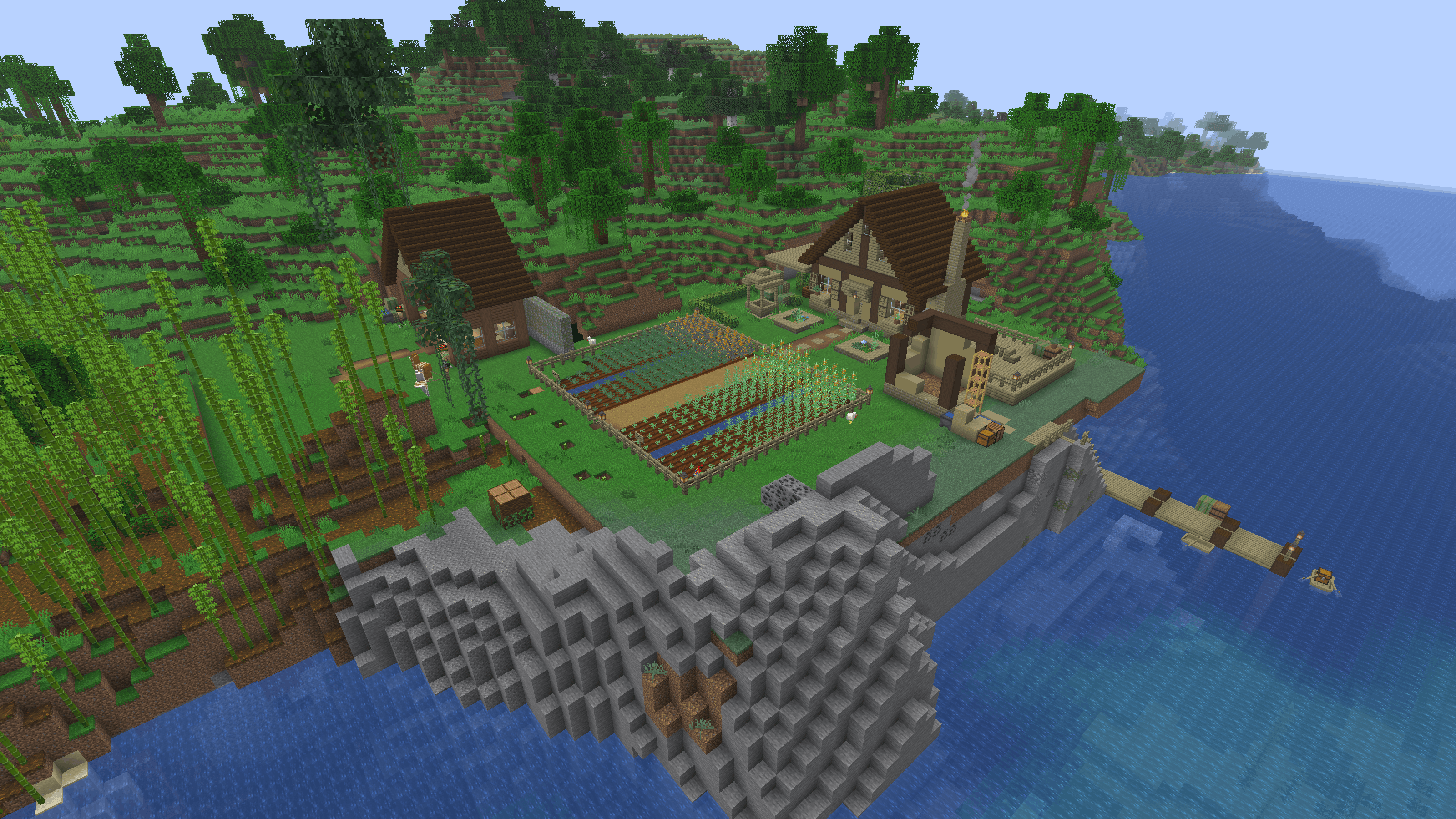 A hemp farmstead on a jungle coast, with two houses, fenced fields and a dock