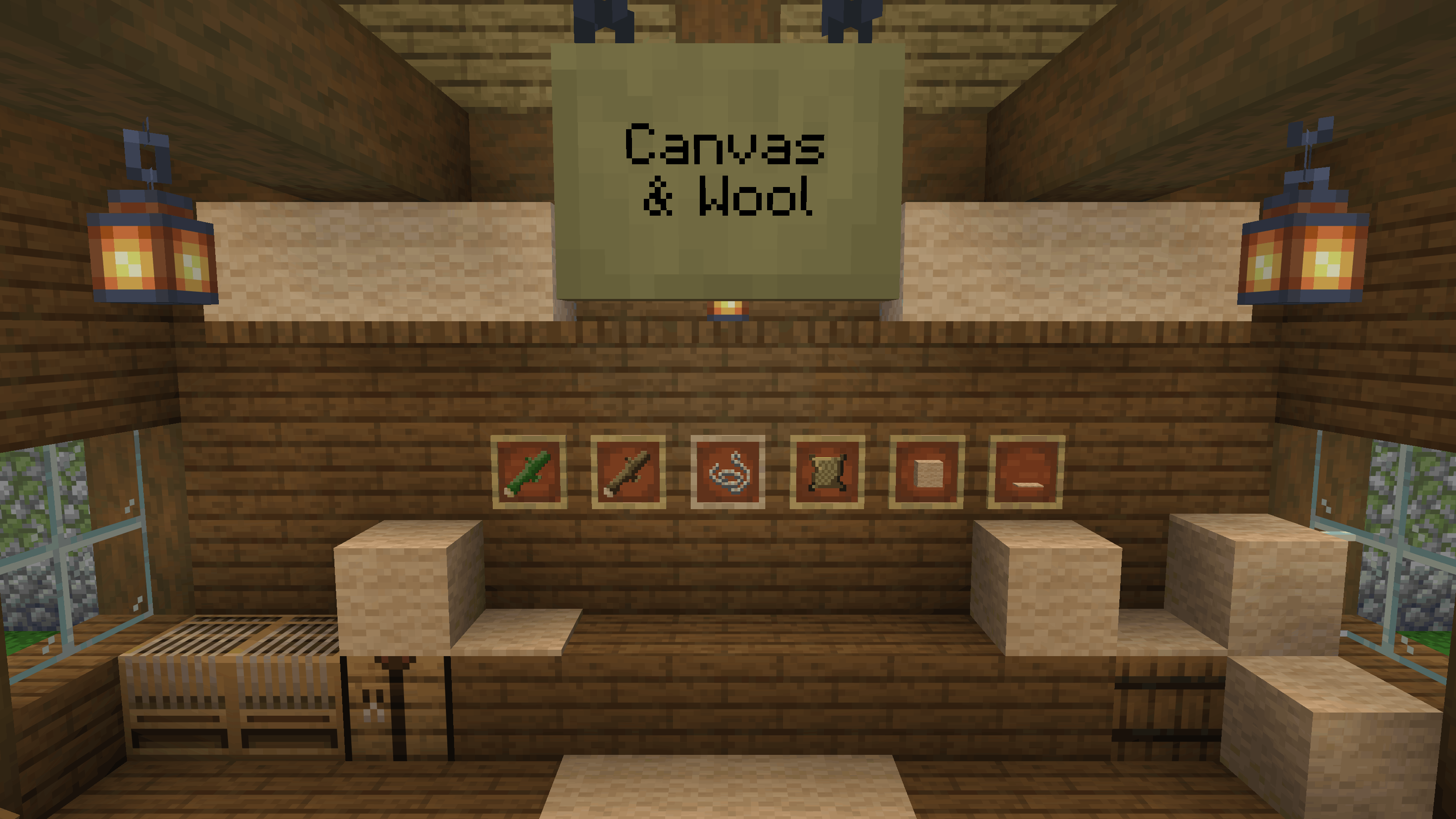 Item frames showing each step from stem to carpet, under a Canvas & Wool sign