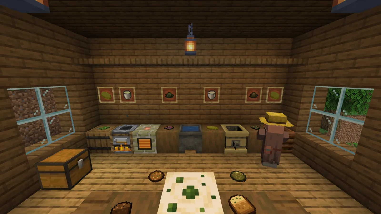 A wooden kitchen with the Decarboxylator, a water cauldron and the Infuser along the counter, and a farmer villager