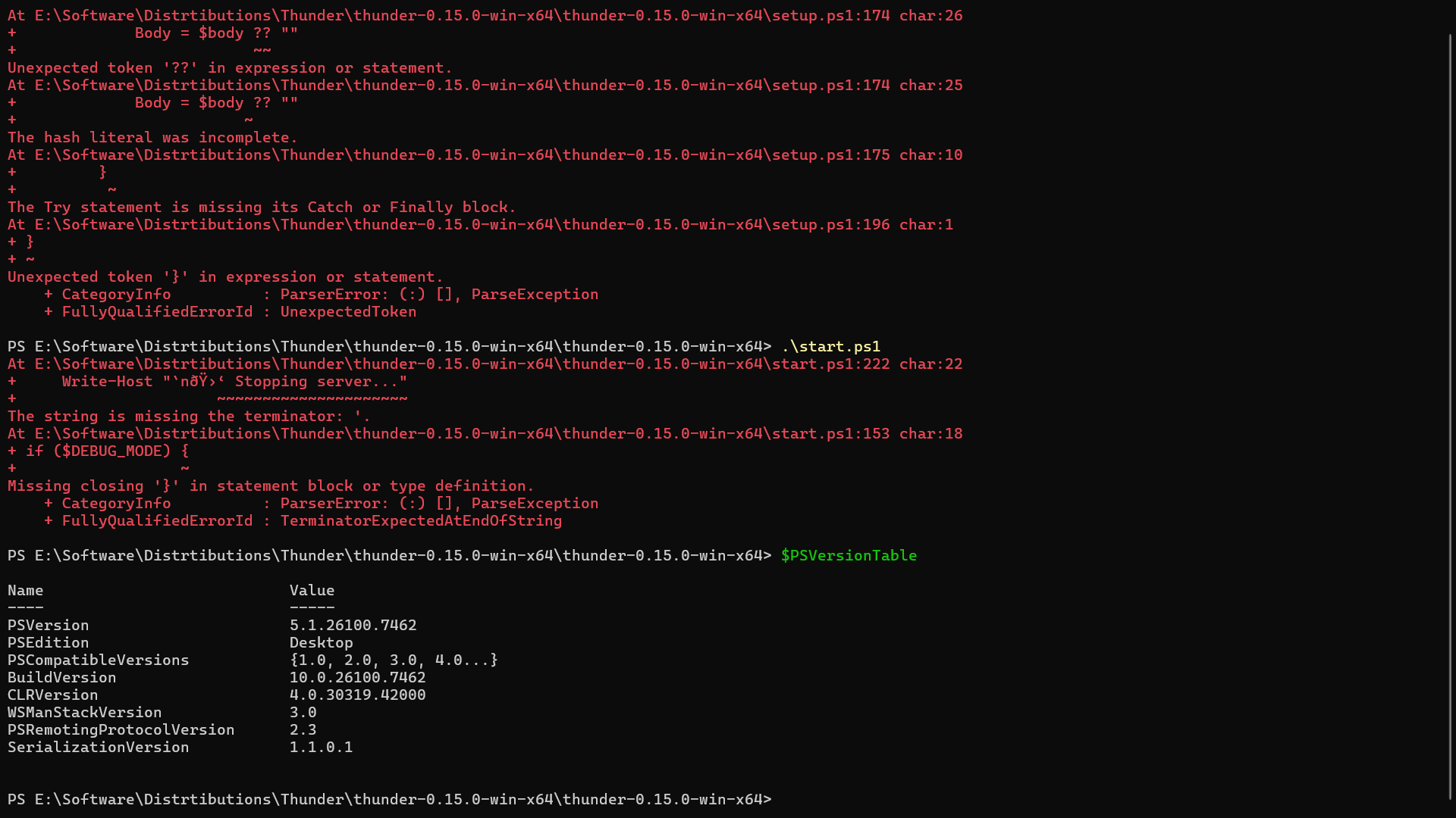 Screenshot with powershell version table