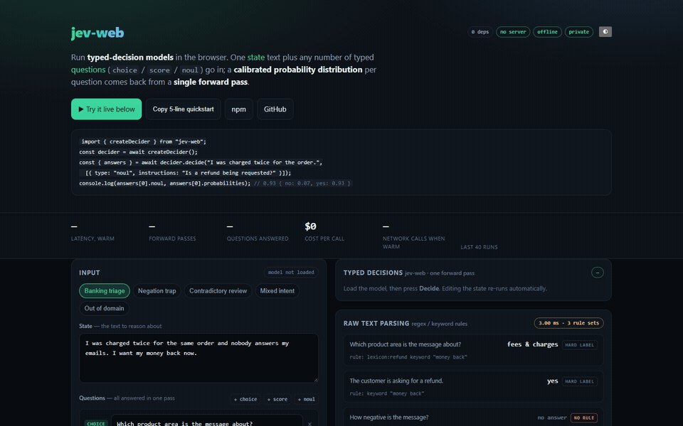 jev-web demo: typed decisions vs raw text parsing
