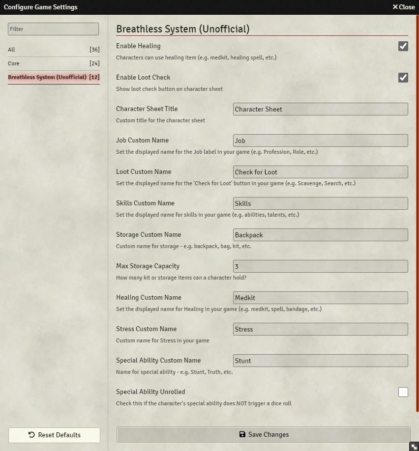 Screenshot of the settings page for the system in Foundry