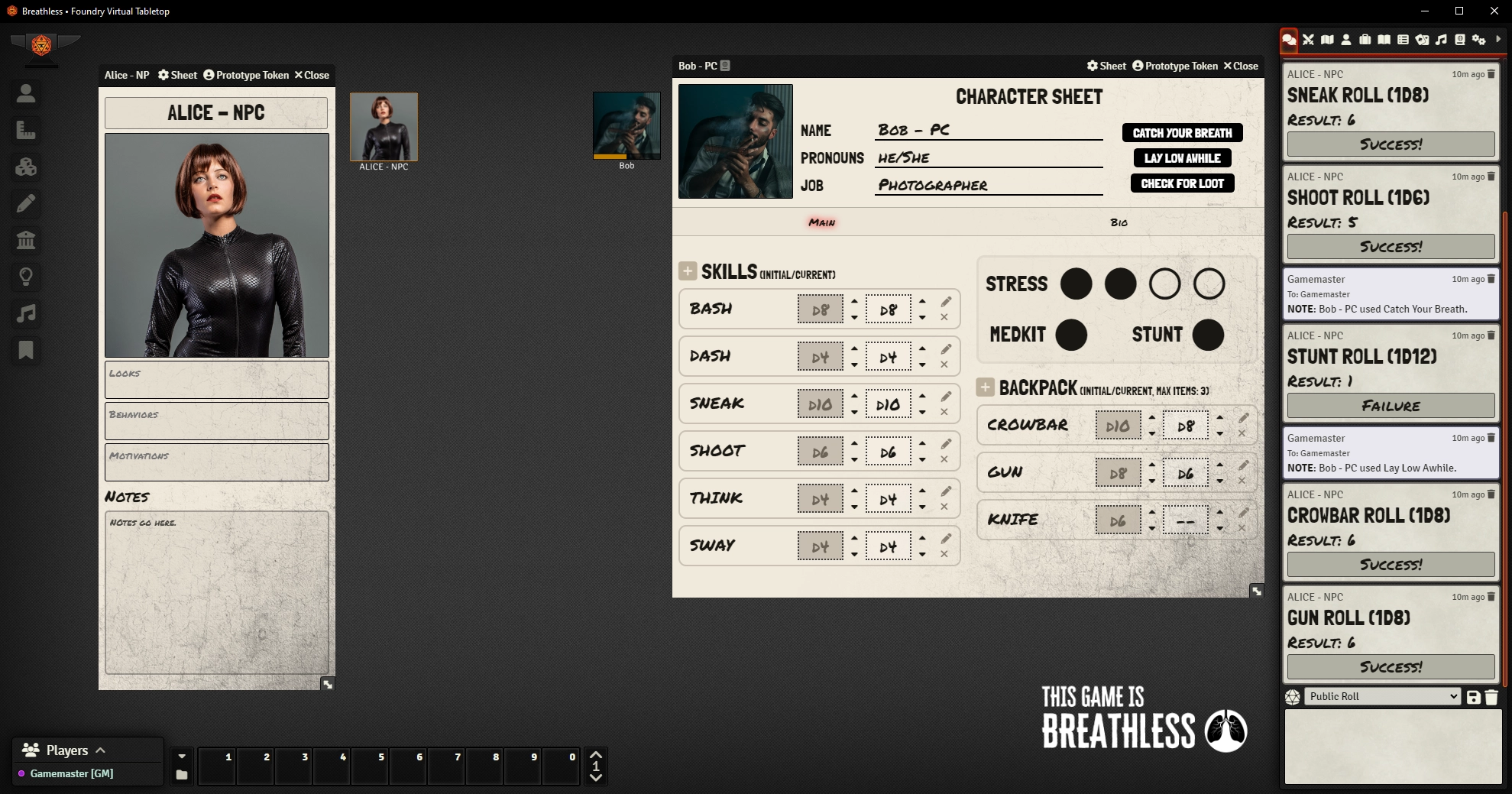 Screenshot of Foundry with the Breathless Character Sheet