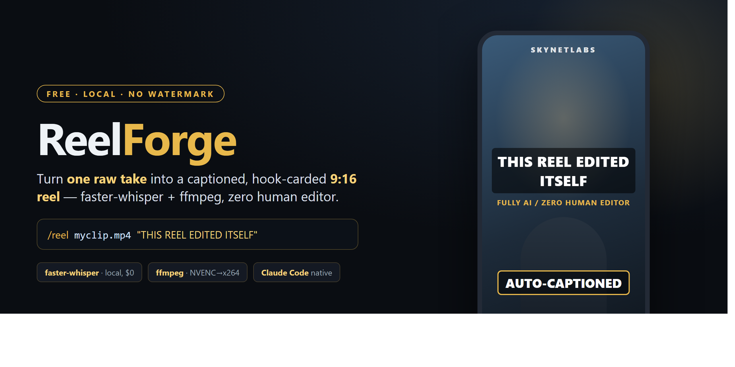 ReelForge — auto-generated word-by-word captions on a vertical 9:16 reel from one raw take