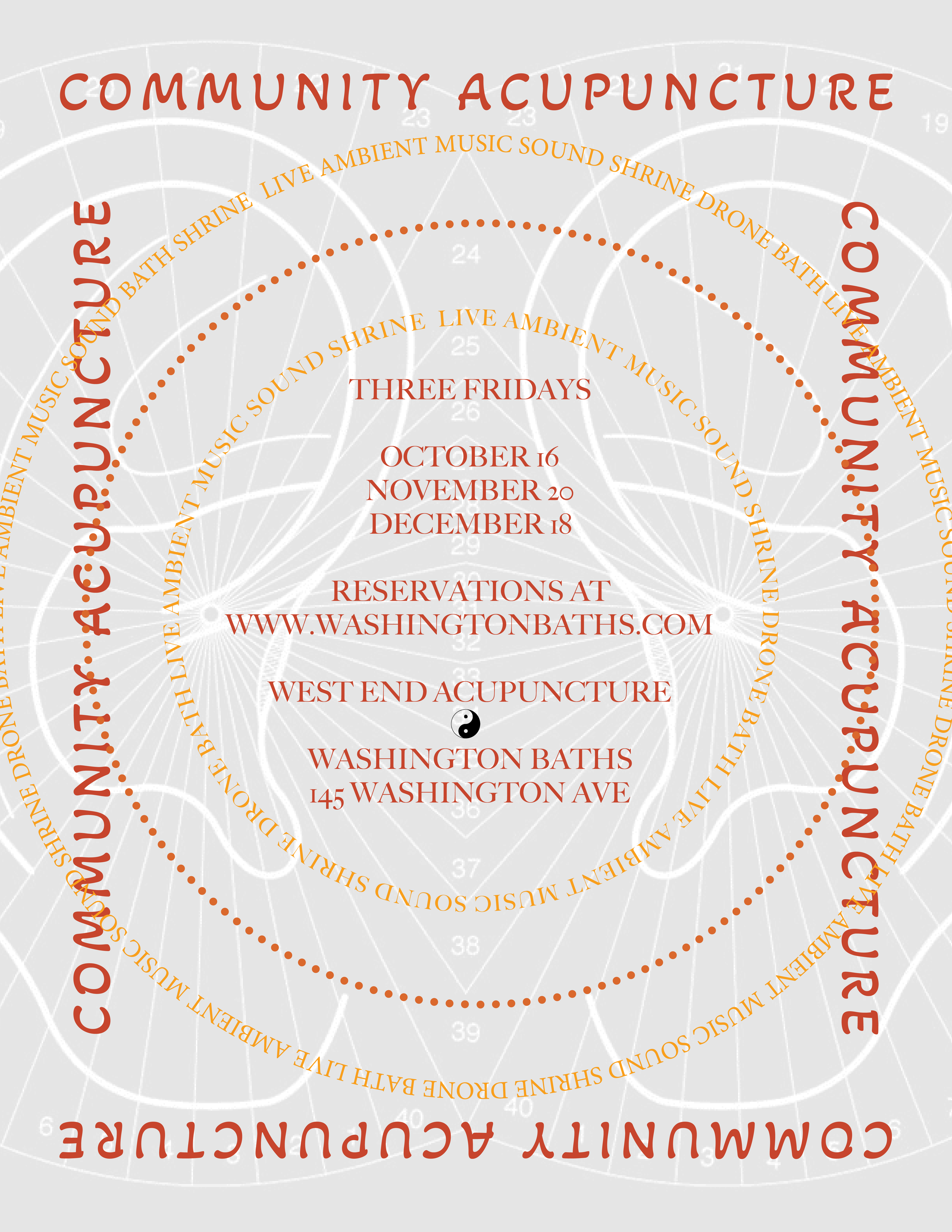 Community Acupuncture with West End Acupuncture at Washington Baths. Three Fridays: October 16, November 20, and December 18, 2026. Live ambient music in the Sound Shrine.