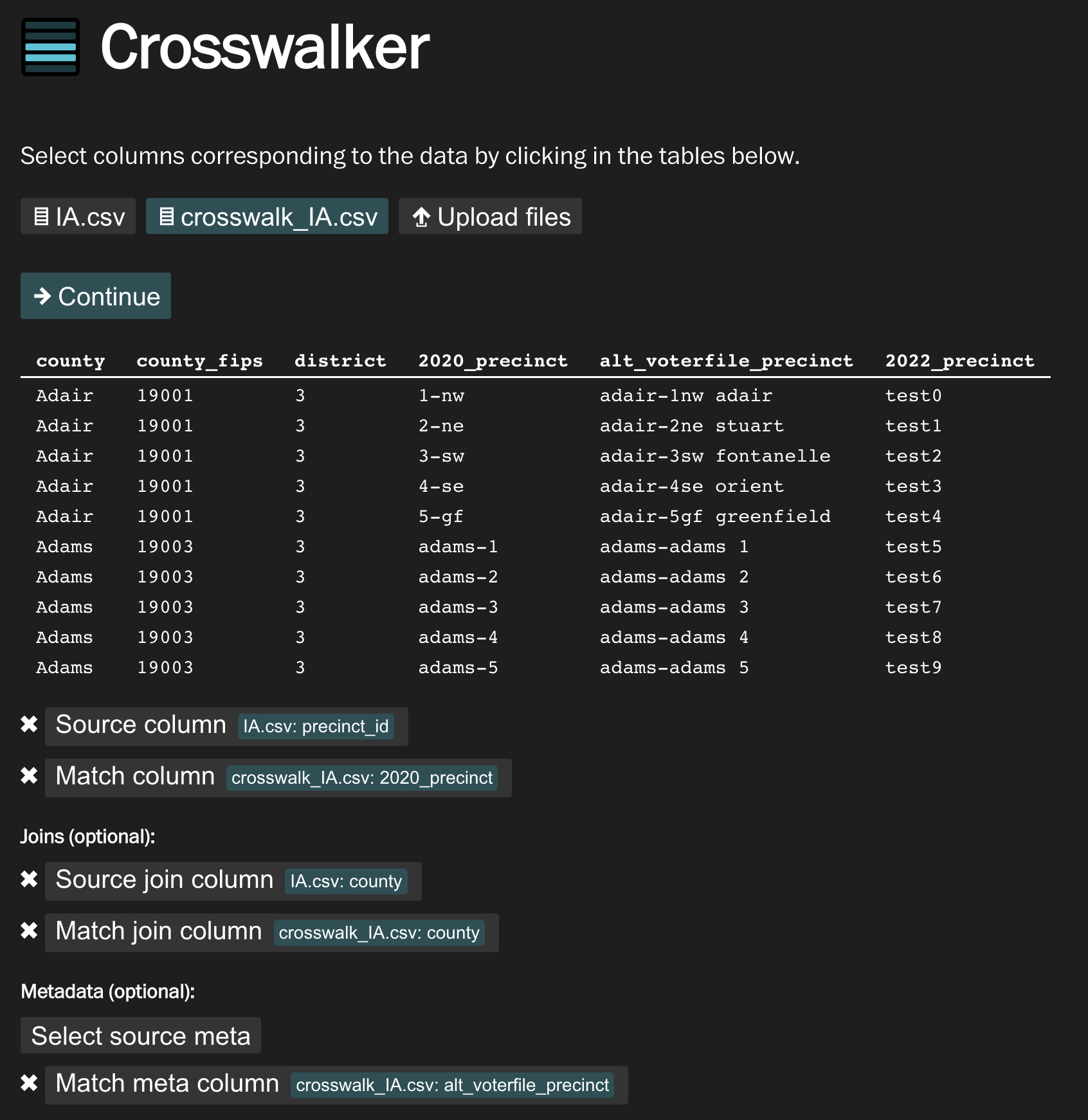 A screenshot of a preview of a data table with various columns selected. There is a logo with the name "Crosswalker" at the top.