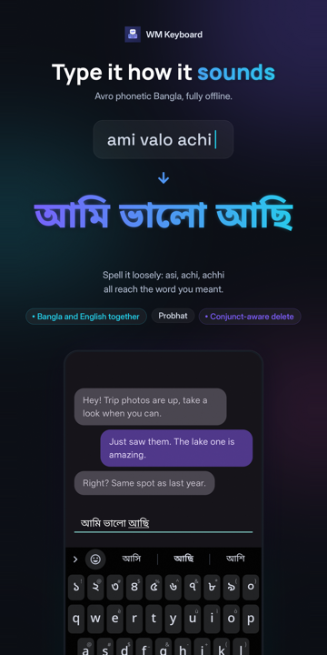 Type it how it sounds: ami valo achi becomes আমি ভালো আছি