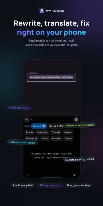 Rewrite, translate, fix, right on your phone: the AI panel with on-device models