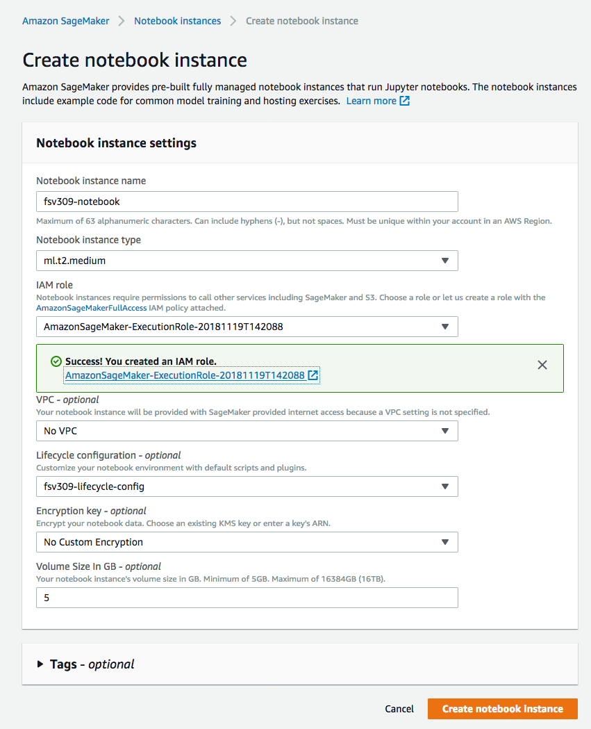 Notebook instance creation dialog