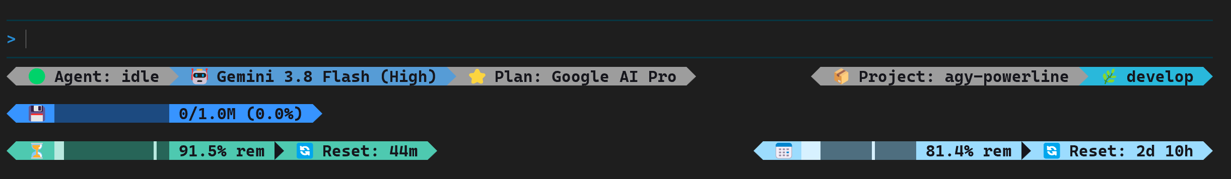 agy-powerline Pills layout with the dark-ocean theme: agent state, model, plan, project and git; context; 5h and 7d quotas with resets