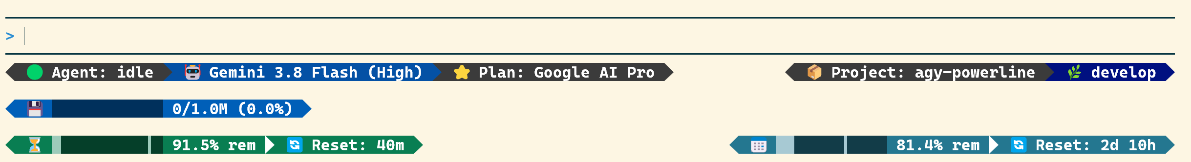 agy-powerline Pills layout with the light-sky theme on a light terminal, with space between rows