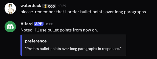 Memory notification showing a preference was saved