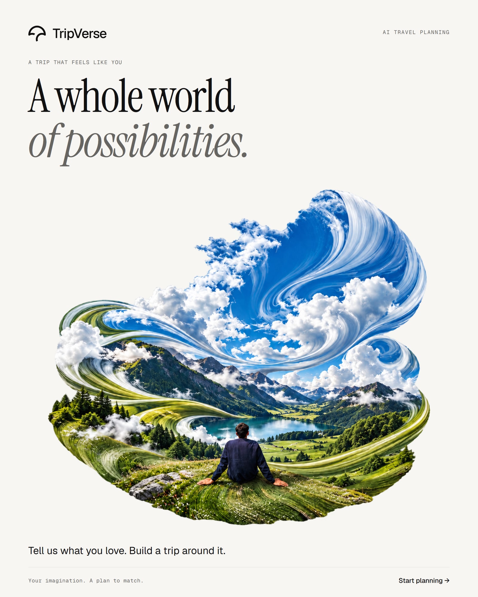 TripVerse campaign artwork combining alpine scenery and swirling clouds