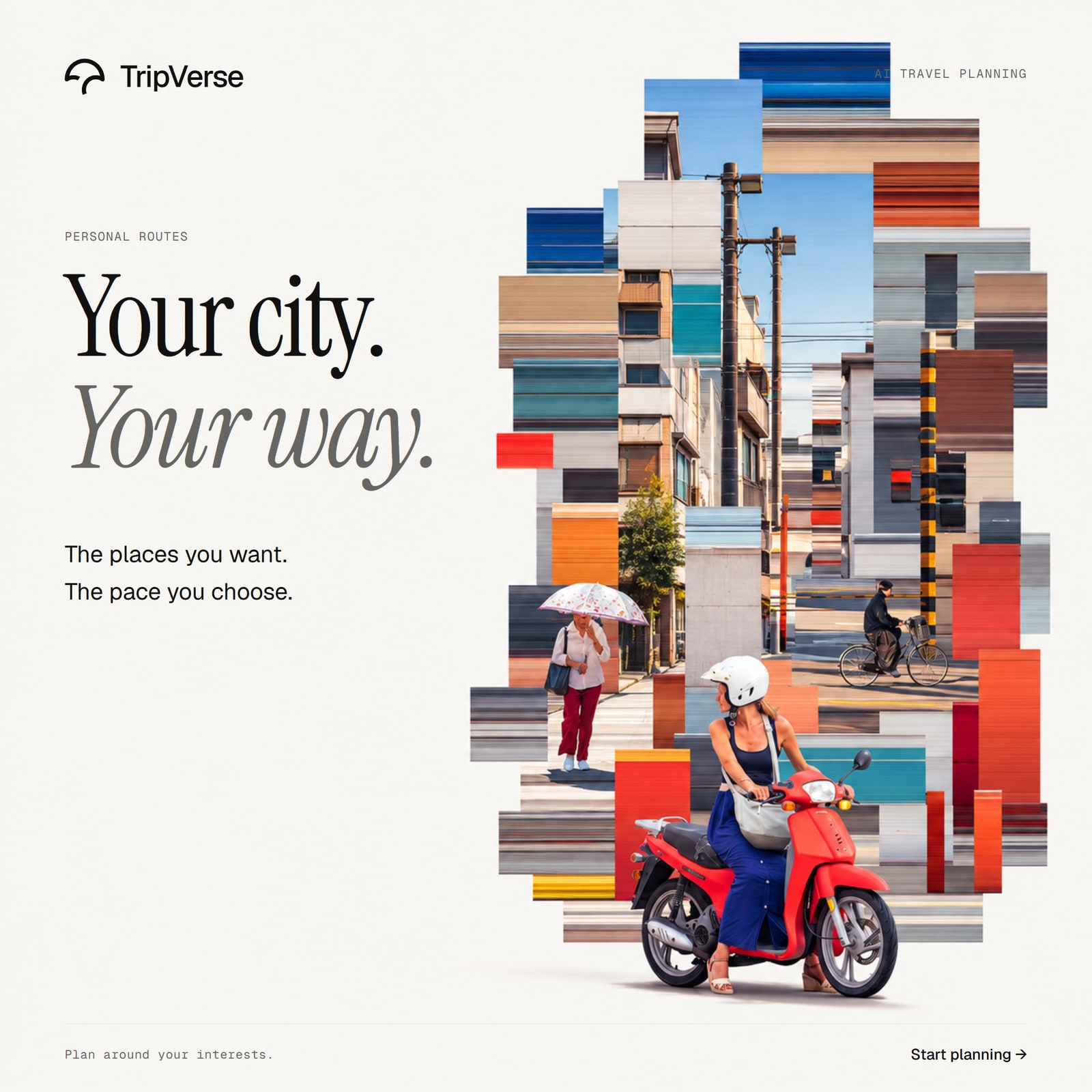 TripVerse campaign artwork with sliced city photographs and a scooter rider