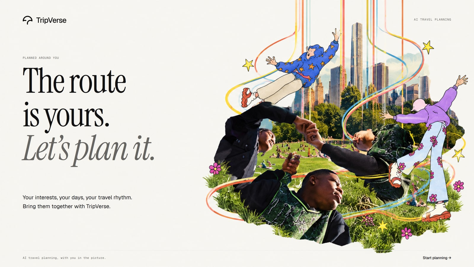 Route campaign collage with travelers, landscapes, and colorful path lines