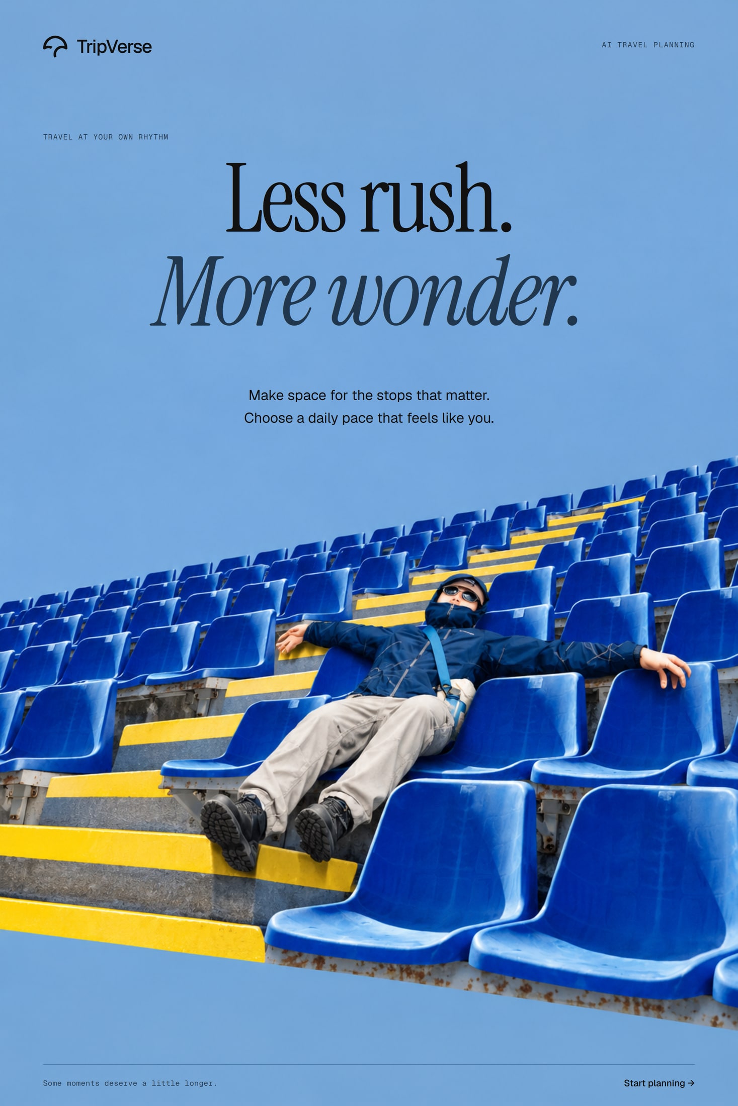Blue campaign artwork showing a traveler resting among stadium seats