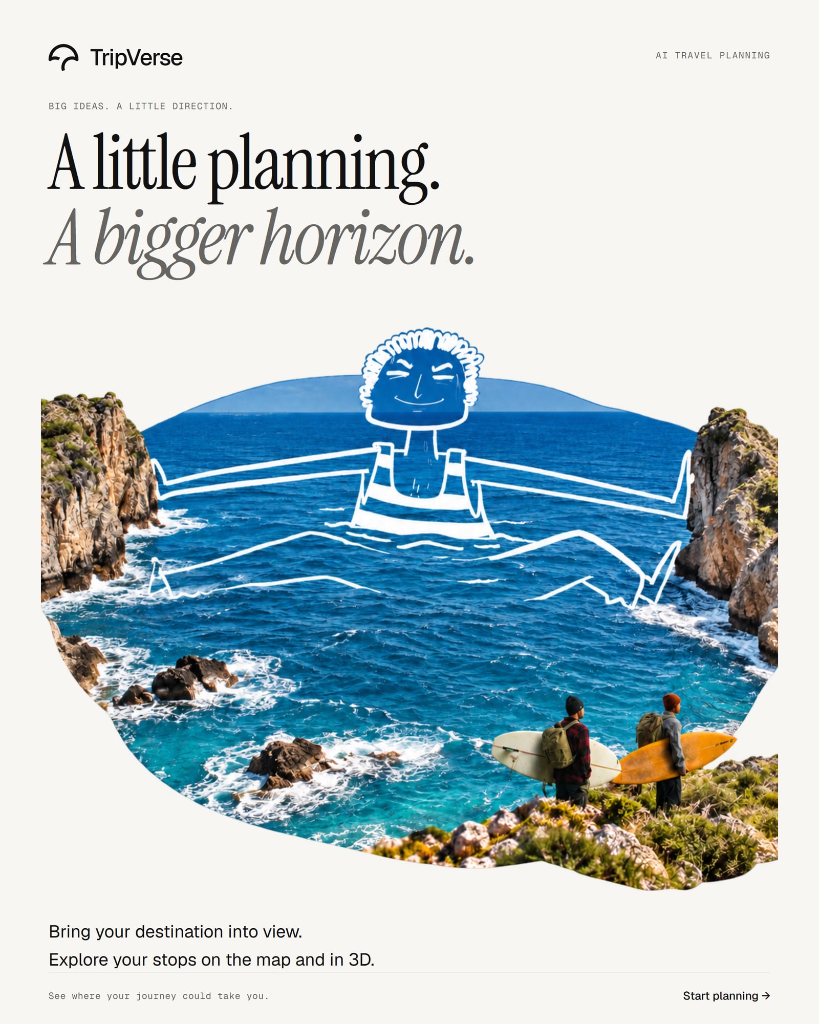 Ocean collage with travelers and a hand-drawn smiling horizon