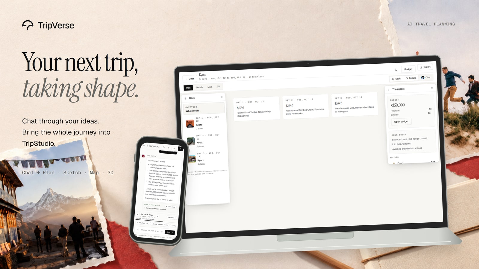 TripVerse planning desk mockup: a desktop itinerary beside a phone conversation, paper textures, and mountain photography