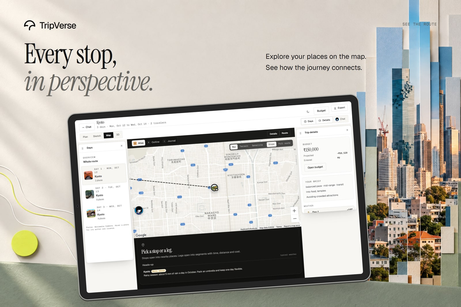 Tablet map mockup with city photography and route-inspired linework
