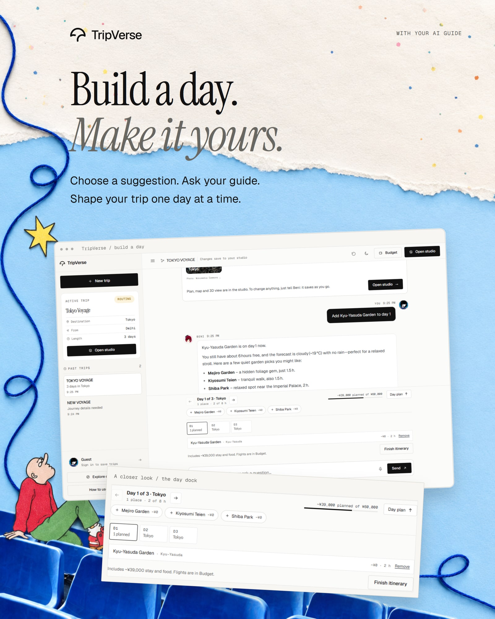 Collaborative day-planning mockup with a conversation and day-plan card
