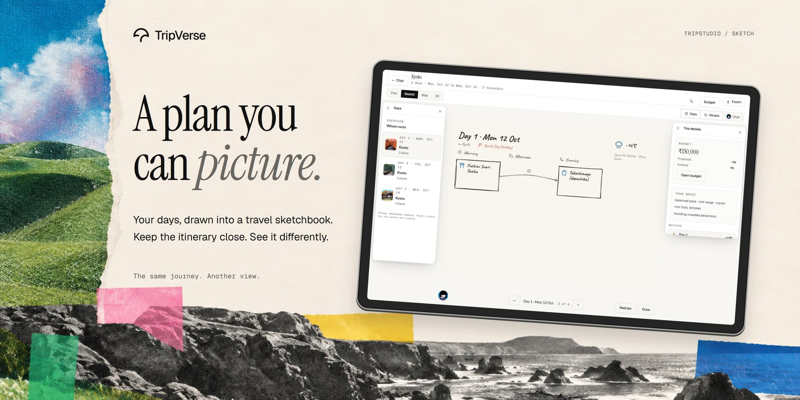 Wide sketchbook mockup with notebook UI, landscapes, and paper collage