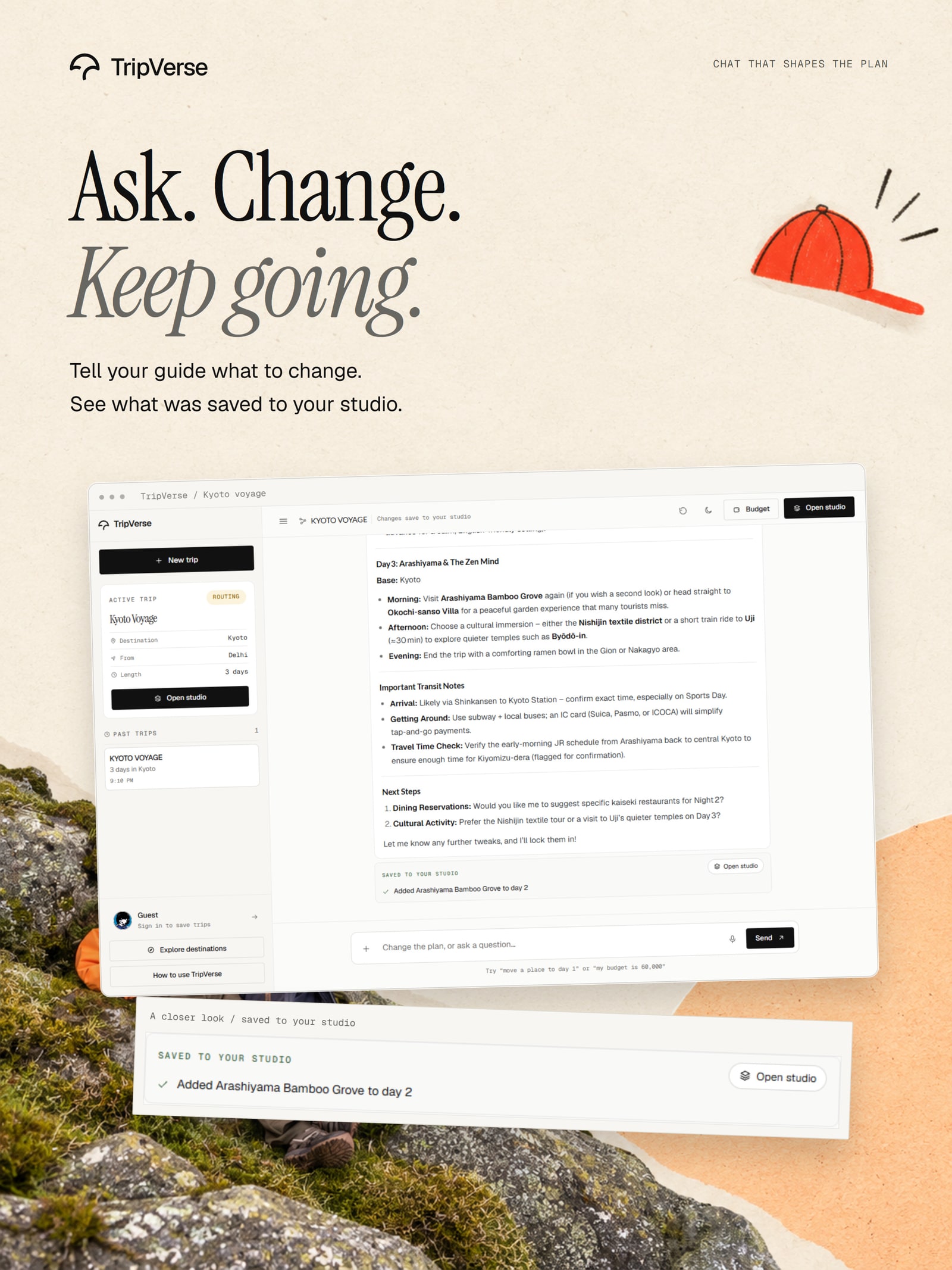 Conversation mockup showing an itinerary change and its receipt