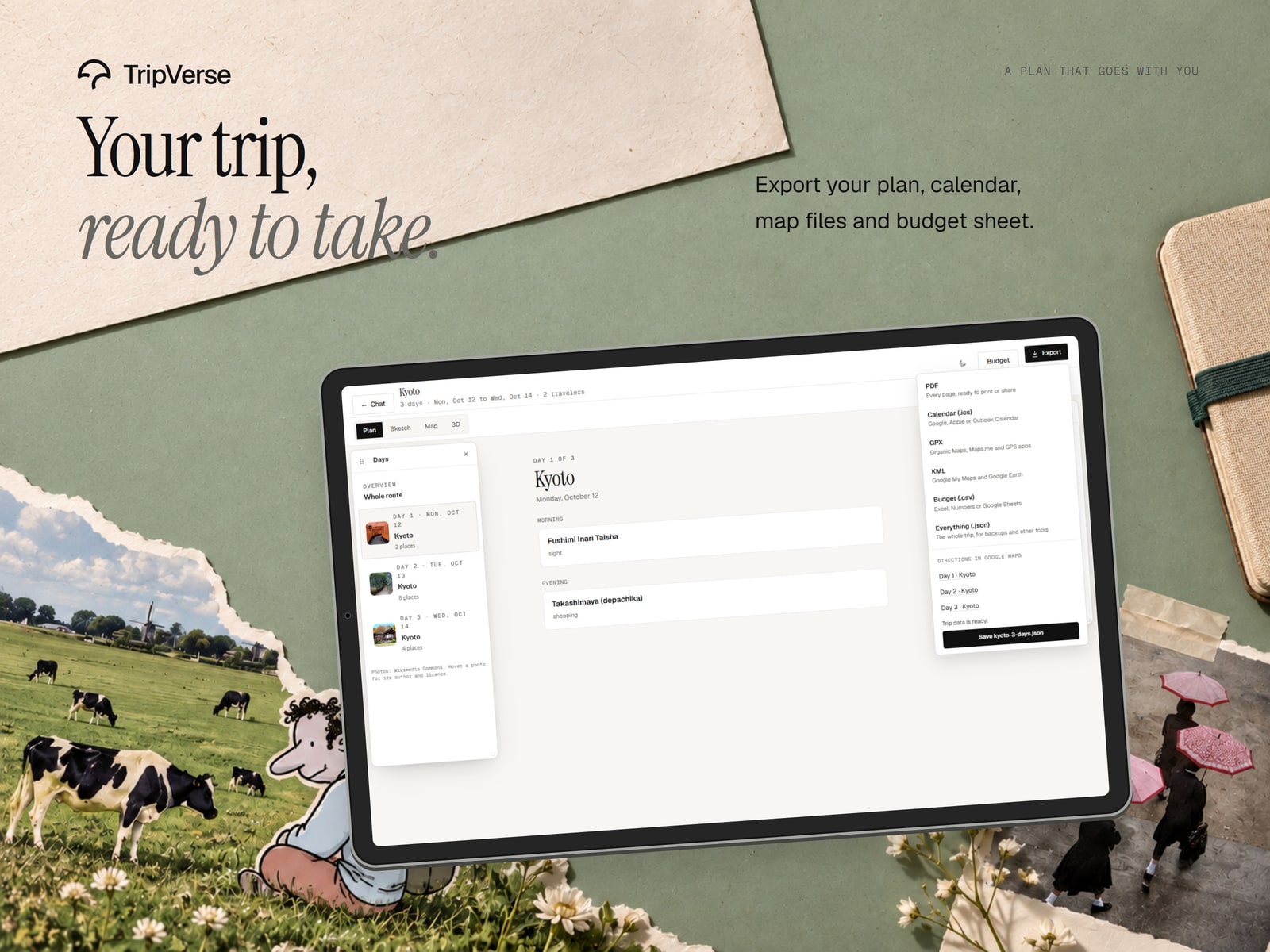 Export mockup presenting a finished trip on a tablet against an alpine collage