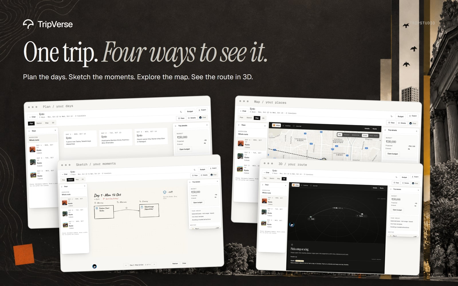 Dark composition showing the Plan, Sketchbook, Map, and 3D studio views