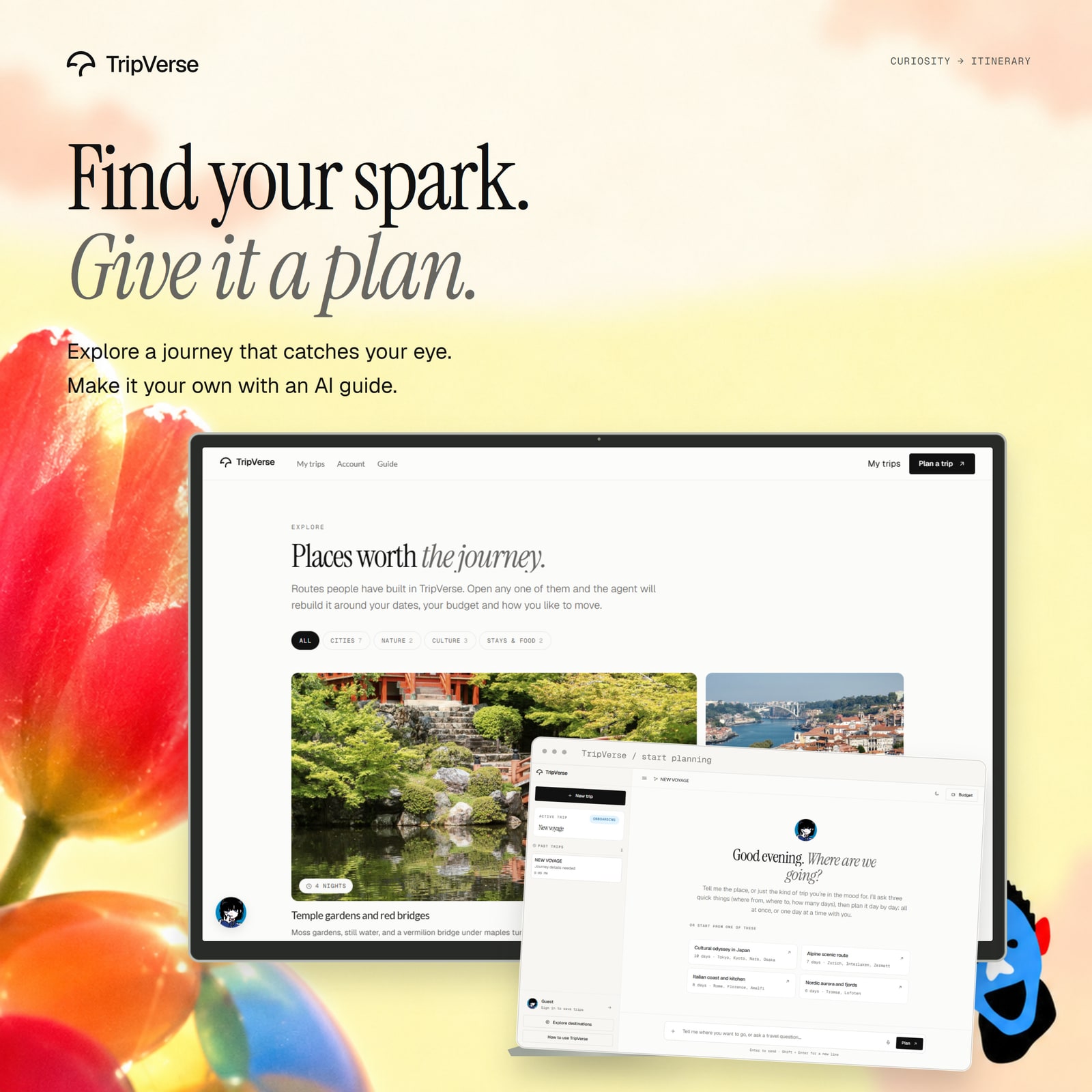 Explore and planning mockup against a bright floral composition