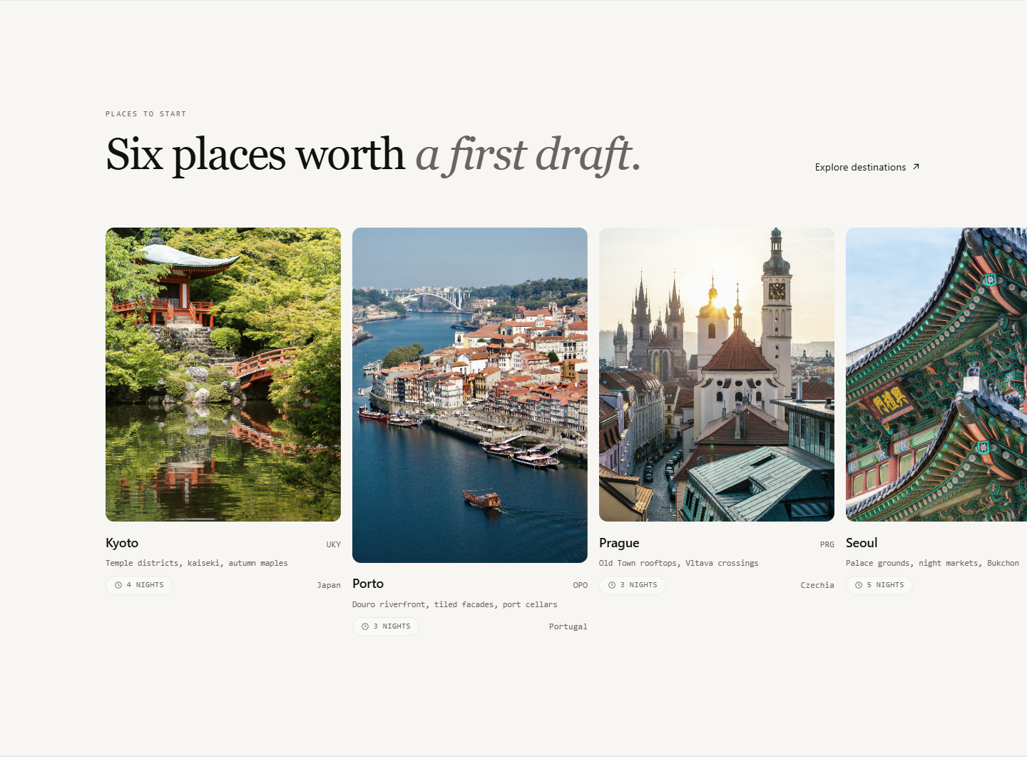 TripVerse destination gallery showing staggered photographic cards and city captions