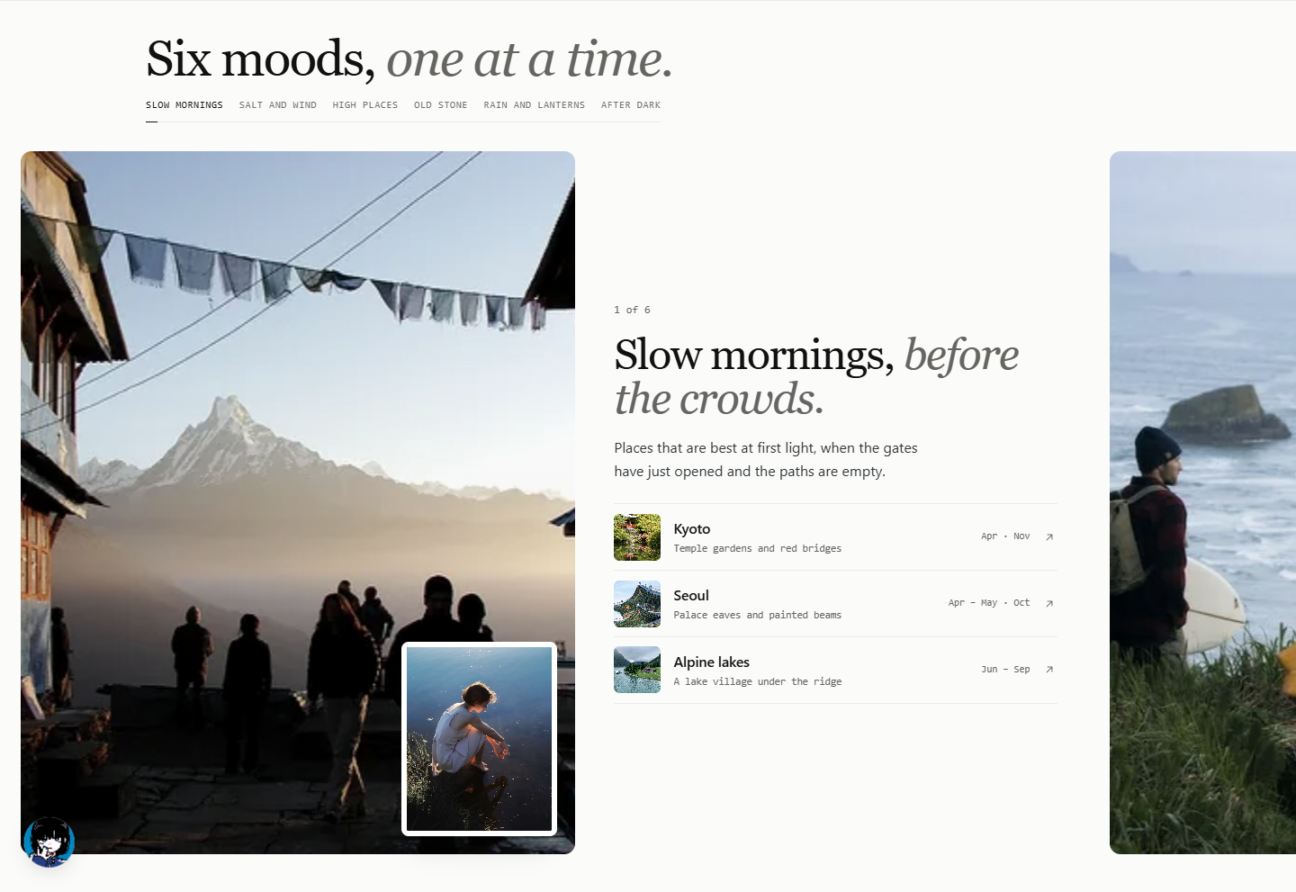 Explore's six-moods chapter combining large travel photographs, inset imagery, mood descriptions, and destination suggestions